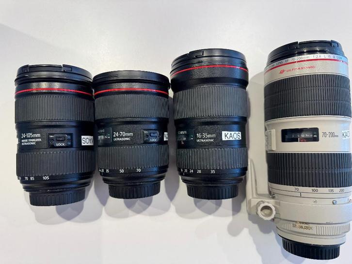4 Objectifs CANON: 24-105mm 16-35mm 70-200mm 24-70mm, Audio, Tv en Foto, Foto | Lenzen en Objectieven, Gebruikt, Telelens, Zoom