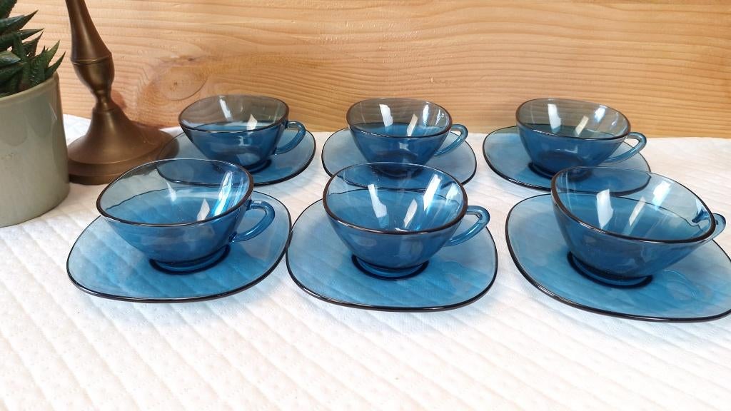 Vintage servies blauw Vereco France, Gebruikt, Ophalen of Verzenden, Glas, Effen