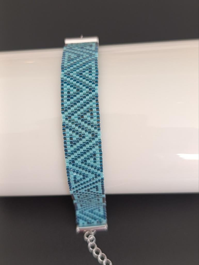 Bracelet en tissage de perles vert foncé turquoise ajustable