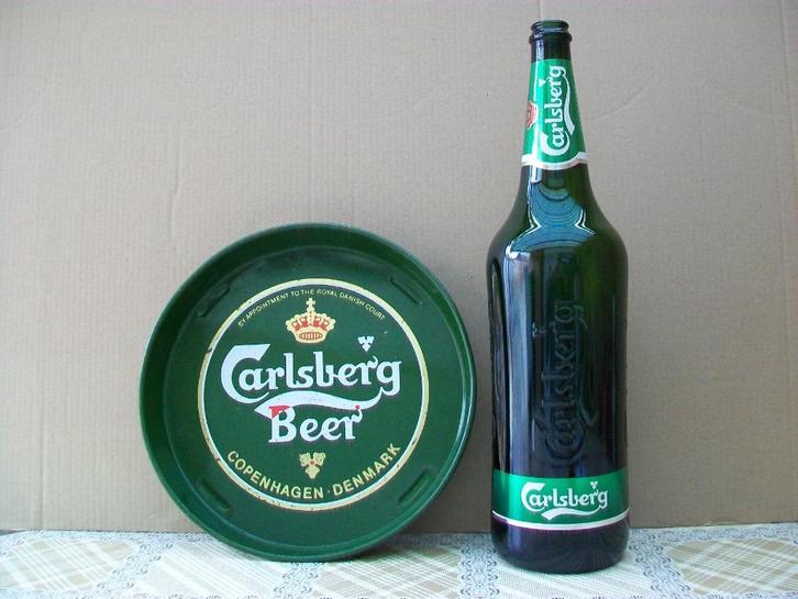 Carlsberg Fles 3L Liter - Plateau - Bier - Glas - Opener, Verzamelen, Biermerken, Gebruikt, Reclamebord, Plaat of Schild, Overige merken