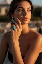 parure boucles d'oreilles + bague paraiba plaqué or 14k, Bijoux, Sacs & Beauté, Neuf, Enlèvement ou Envoi, Avec cristal, Vert