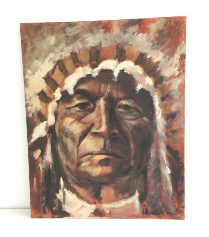 Groot schilderij - Opperhoofd, indiaan - 80 x 100 cm, Antiek en Kunst, Kunst | Schilderijen | Modern, Ophalen