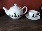 Dubout theepot / koffiepot en kopje + schoteltje kat, Huis en Inrichting, Keuken | Servies, Ophalen, Gebruikt