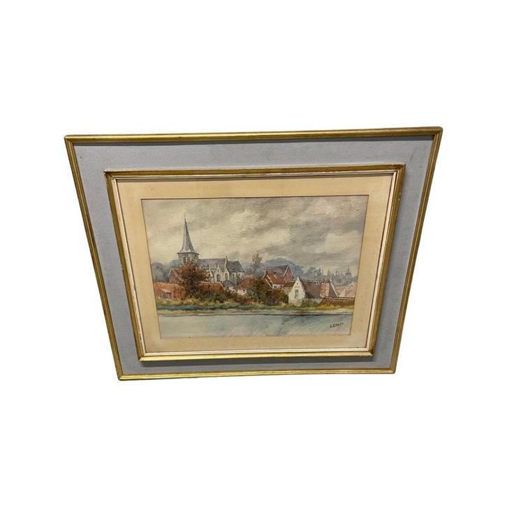 Aquarel: Stadsgezicht gesigneerd Voets Louis (Brussel 1876), Antiek en Kunst, Kunst | Schilderijen | Klassiek, Ophalen of Verzenden