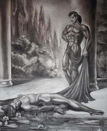 PRACHTIG GROOT ZWART-WIT SCHILDERIJ OP DOEK"MANNELIJK NAAKT" beschikbaar voor biedingen