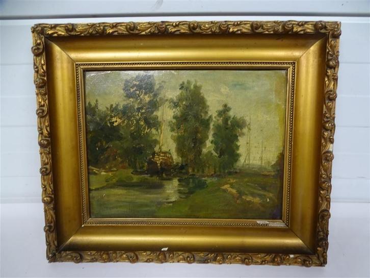 A6787. Schilderij van aangemeerde boot in vergulde lijst, Antiek en Kunst, Kunst | Schilderijen | Klassiek, Ophalen of Verzenden