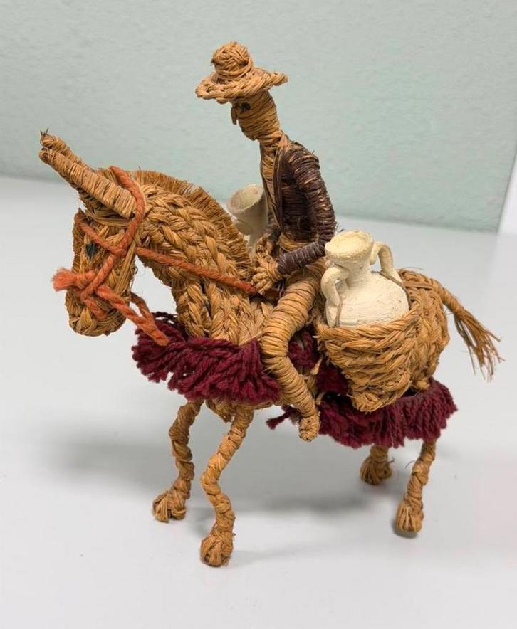 Handgemaakt vintage rieten ezel met rijder folkloristisch, Antiek en Kunst, Curiosa en Brocante, Ophalen of Verzenden