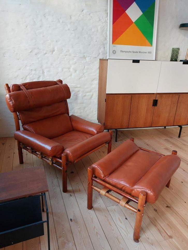 Arne Norell Inca lounge chair + Ottoman, Huis en Inrichting, Fauteuils, Zo goed als nieuw, Hout, Leer, Ophalen