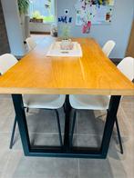 Boomstamblad eik met stalen voet eettafel, Huis en Inrichting, Ophalen, Gebruikt, 50 tot 100 cm, Vijf personen of meer