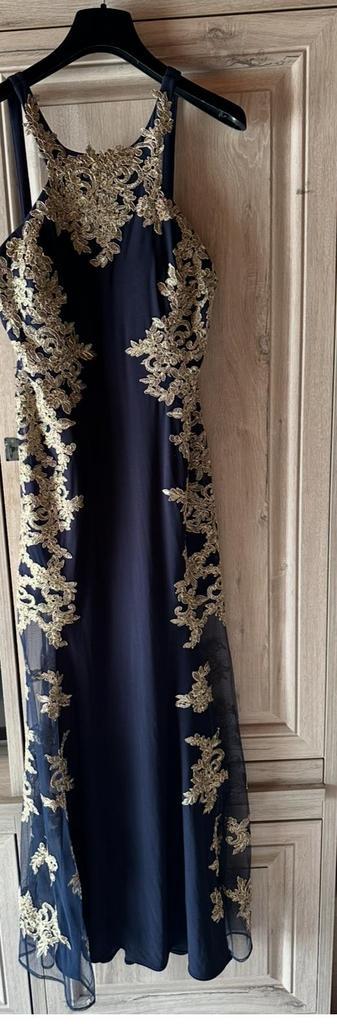 Feestelijke jurk in goud en navy blauw – elegant en uniek! beschikbaar voor biedingen