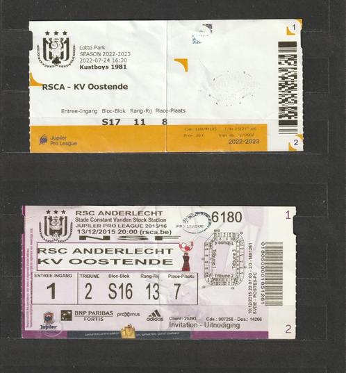 Anderlecht - KV Oostende : 2 tickets différents ('15-'22), Collections, Articles de Sport & Football, Utilisé, Autres types, Enlèvement ou Envoi