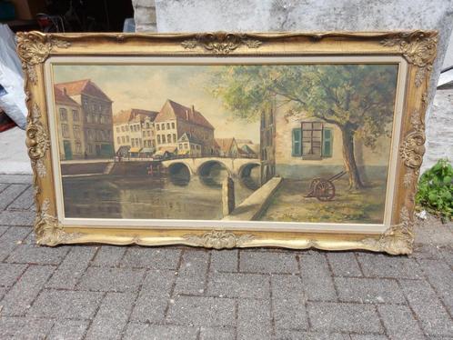 Groot schilderij - Stad Mechelen - Zicht op de Dijle, Antiquités & Art, Art | Peinture | Classique, Enlèvement ou Envoi