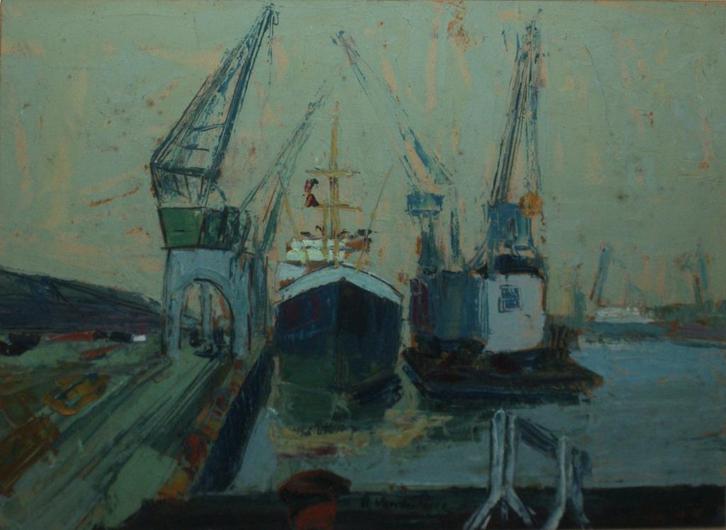 Harold Van de Perre (1937): Havenzicht (58 x 48 cm), Antiek en Kunst, Kunst | Schilderijen | Klassiek, Ophalen of Verzenden