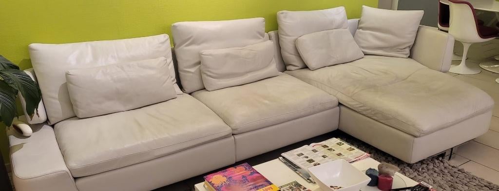 Natuzzi - Lederen drie-zit met chaisse longue, Huis en Inrichting, Zetels | Complete zithoeken, Gebruikt, Leer, Ophalen