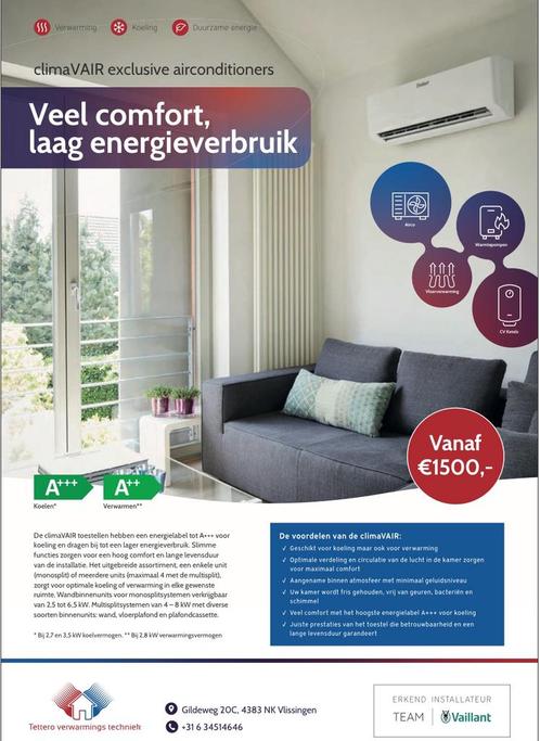 Vaillant Climavair airconditioning, Elektronische apparatuur, Airco's, Nieuw, Wandairco, 3 snelheden of meer, Koelen en Ontvochtigen
