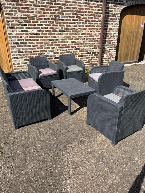 Loungeset, Tuin en Terras, Tuinsets en Loungesets, Gebruikt, Loungeset, Kunststof, 6 zitplaatsen, Bank, Eettafel, Stoel, Ophalen