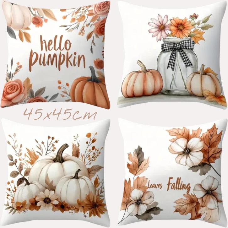 Set van 4 kussenhoezen pompoen bruin oranje 45x45cm, Huis en Inrichting, Woonaccessoires | Kussens, Nieuw, Bruin, Vierkant, Verzenden