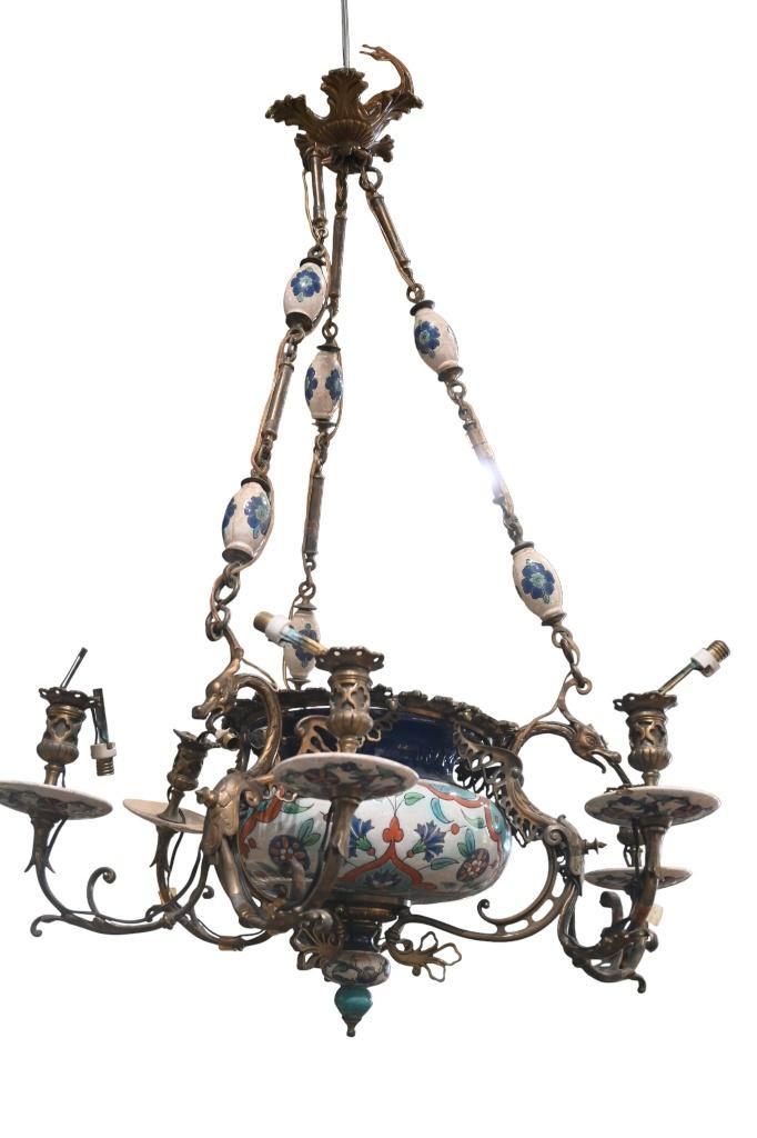 Antieke messing luster met keramiek – ca. 1900, Antiek en Kunst, Antiek | Verlichting, Ophalen