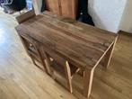 Teak eettafel + 3 stoelen + zitbank, Ophalen, Gebruikt, Teakhout, 50 tot 100 cm