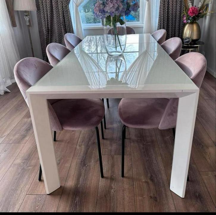 Metalen poten en glazen blad tafel ( UITSCHUIFBAAR ), Maison & Meubles, Tables | Tables à manger, Comme neuf, Enlèvement