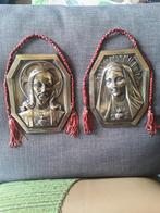set van 2 geelkoperen medailles H Hart Christus en Maria, Collections, Religion, Utilisé, Enlèvement ou Envoi