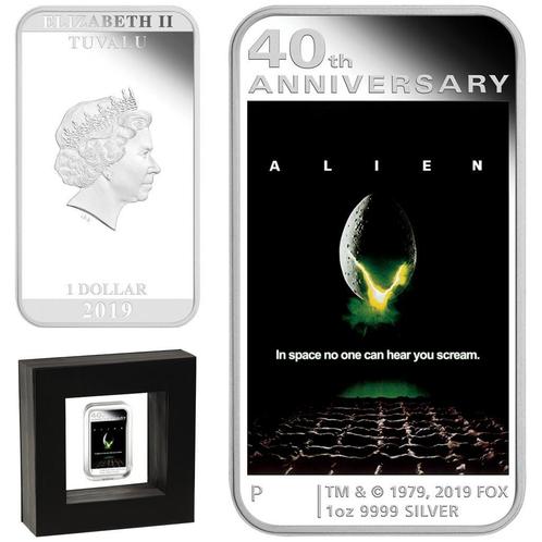 2019 Tuvalu - Alien 40th anniversary - color 1 oz silver bar, Postzegels en Munten, Munten | Oceanië, Losse munt, Zilver, Ophalen of Verzenden