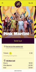 Pink Martini concert duo ticket, Tickets en Kaartjes, Evenementen en Festivals, Twee personen