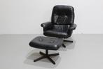 Vintage Design fauteuil met voetenbank zwart leer Musterring, Comme neuf, 75 à 100 cm, Vintage, Enlèvement ou Envoi
