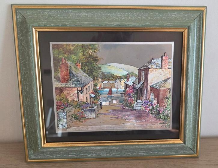 Tableau encadré - paysage de village côtier - style anglais, Antiquités & Art, Art | Peinture | Classique, Enlèvement ou Envoi