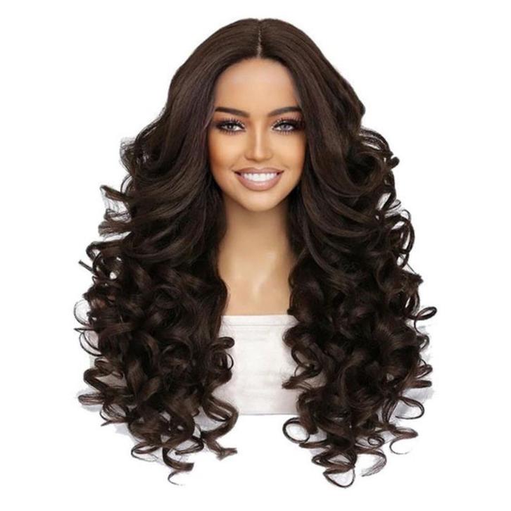 Luxe lace front pruik lang krullend haar medium bruin zonder, Handtassen en Accessoires, Uiterlijk | Haarverzorging, Nieuw, Verzenden