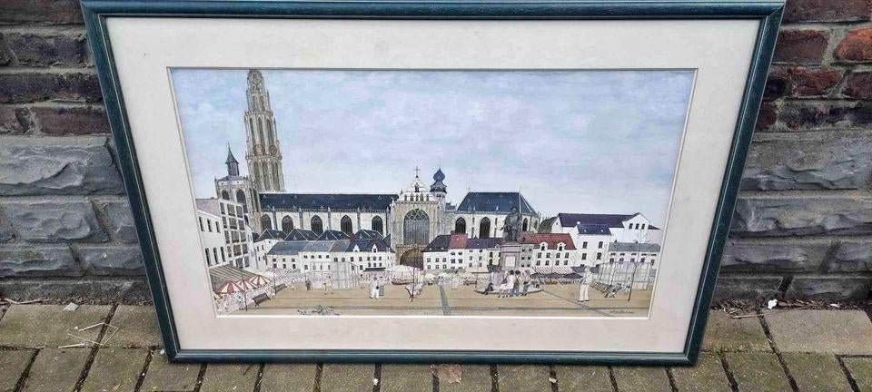 Aquarelle place vert Anvers signe Léon michiels, Antiquités & Art, Enlèvement