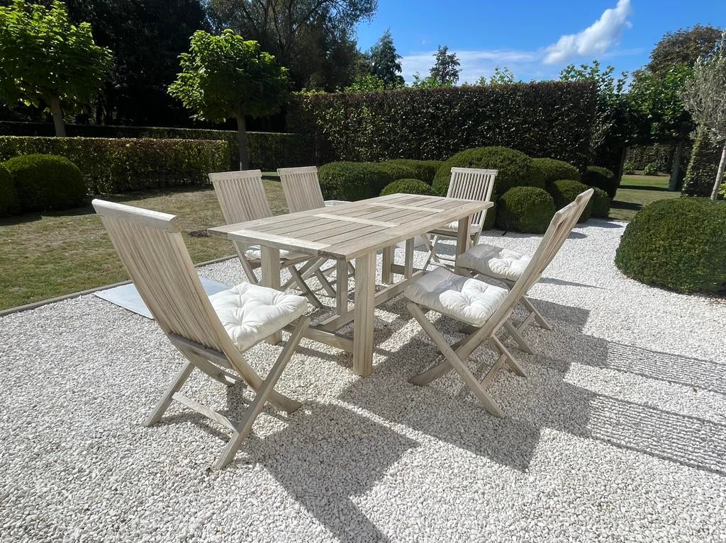 Table en teck et 6 chaises en teck en très bon état, Salons de jardin, Comme neuf, 6 places, Enlèvement