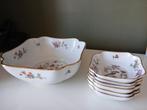 Limoges dessertkom en 6 schaaltjes, pauwmotief, Ophalen of Verzenden