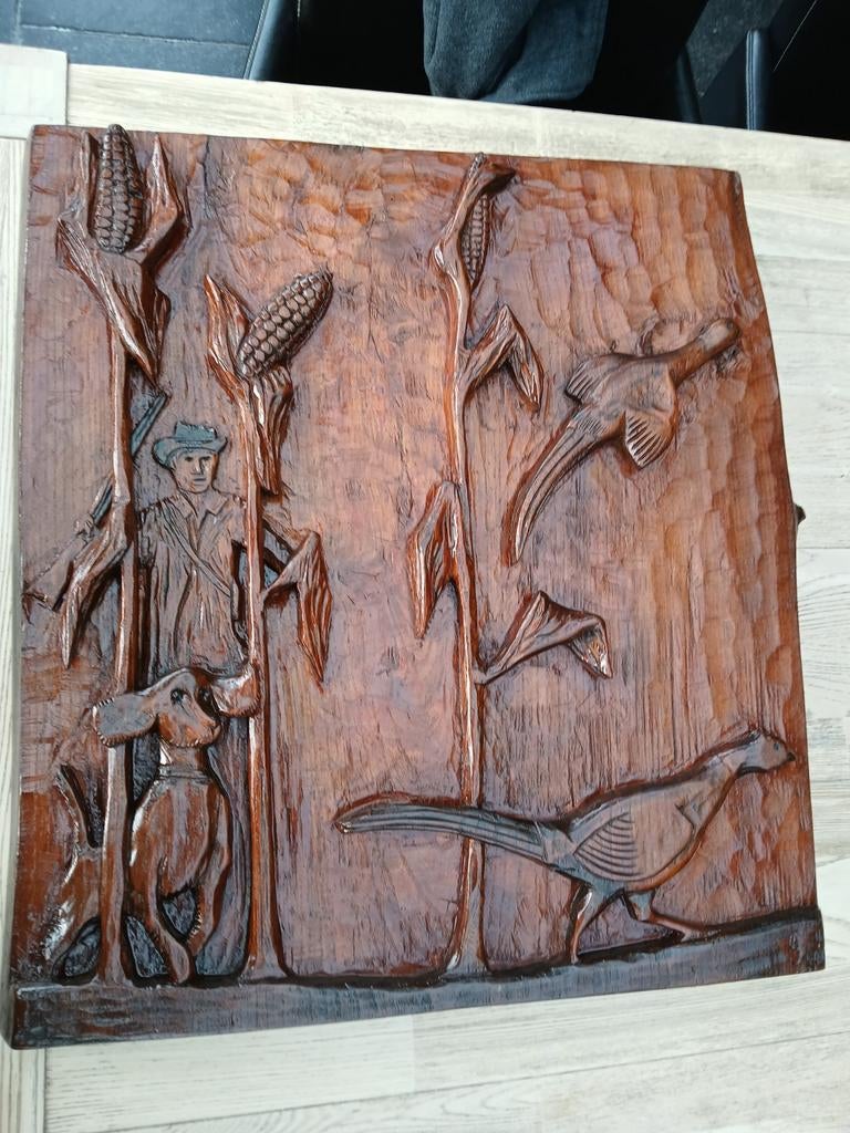 Jachttafereel houtsnijwerk, Antiek en Kunst, Kunst | Beelden en Houtsnijwerken, Ophalen, Houtsnijwerk, Brutalistisch, 50 - 100 cm