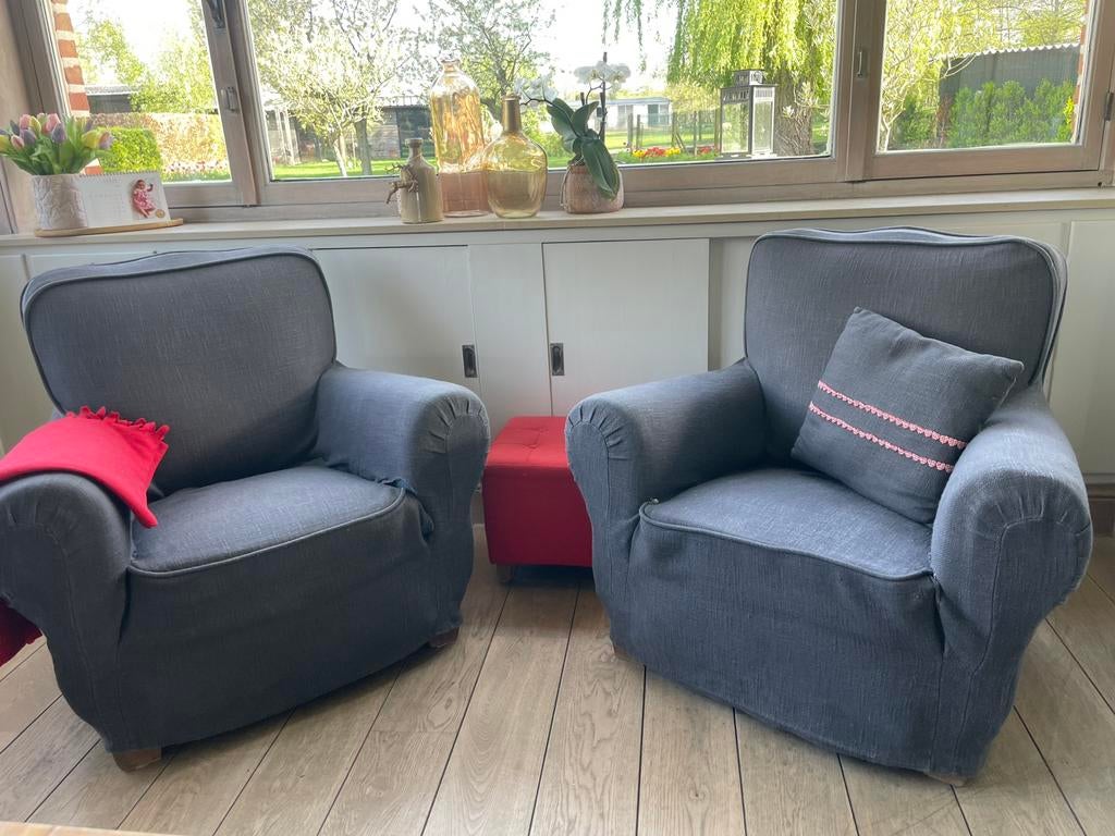 2 Fauteuils met hoes grijs, Ophalen, Gebruikt, Eenpersoons, Minder dan 75 cm