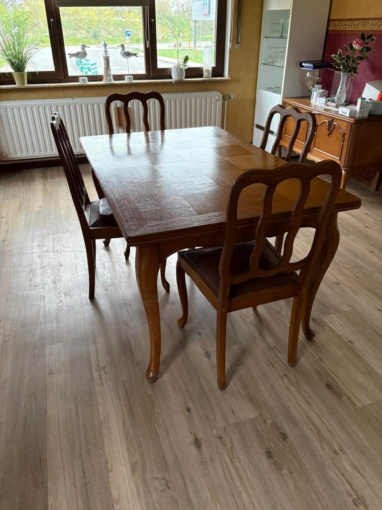 Salle a manger en bois style vintage., Maison & Meubles, Salles à manger complètes, Enlèvement, Utilisé, Vintage, 4 à 6 chaises