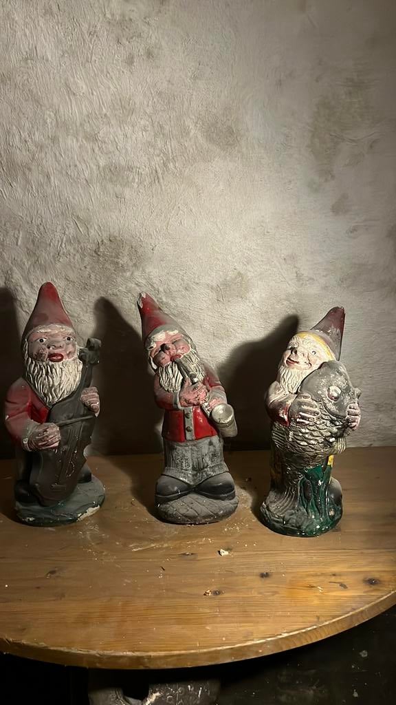 Muziek spelende kabouters en met vis saxofoon, bas ca 30cm, Verzamelen, Beelden en Beeldjes, Ophalen, Gebruikt