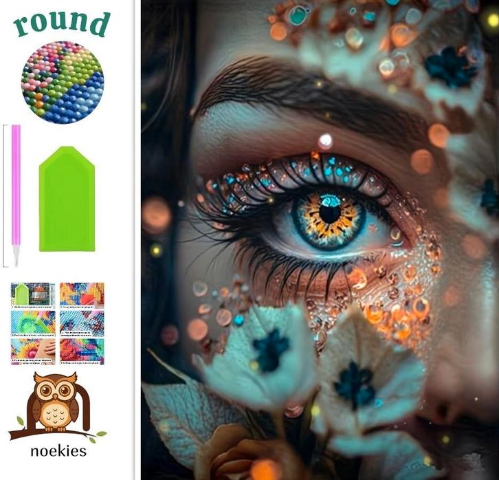 nr 233 Diamond Painting oog met bloemen 40x30cm (rond), Hobby en Vrije tijd, Knutselen, Nieuw, Diamond painting, Educatief, Zelfklevend