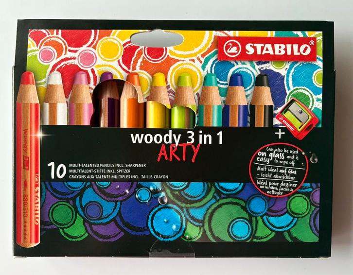 SPLINTERNIEUWE doos 10 stuks STABILO WOODY + puntenslijper., Hobby en Vrije tijd, Tekenen, Nieuw, Potlood of Stift, Ophalen
