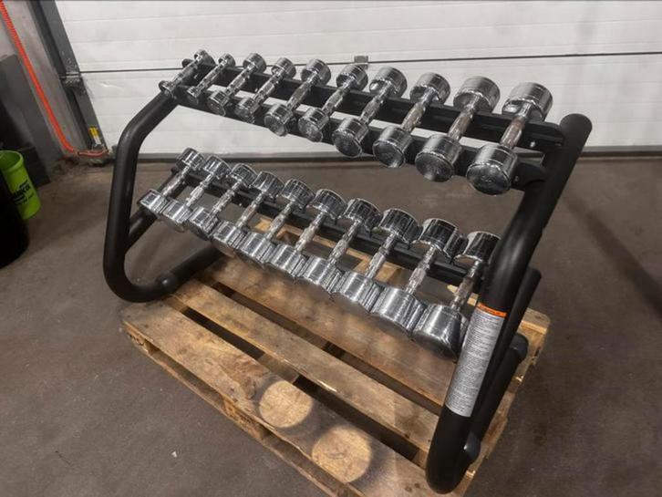 Chrome Dumbells 1kg t/m 10kg + Technogym Opbergrek, Sport en Fitness, Fitnessmaterialen, Gebruikt, Dumbbell, Ophalen