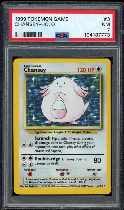 Chansey Holo PSA 7 - 3/102 - Base Set 1999, Hobby en Vrije tijd, Verzamelkaartspellen | Pokémon, Zo goed als nieuw, Losse kaart