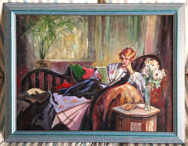 Lezende vrouw Marie Beylon in interieur ca. 1900, Antiek en Kunst, Kunst | Schilderijen | Klassiek, Ophalen of Verzenden