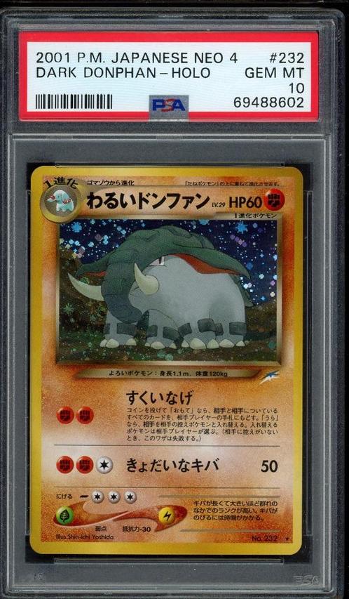 Dark Donphan Holo PSA 10 - #232 - Japanese Neo 2000, Hobby en Vrije tijd, Verzamelkaartspellen | Pokémon, Zo goed als nieuw, Losse kaart