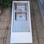 Dubbele inbouwspoelbak met afdruip en sifon/afvoer, Doe-het-zelf en Bouw, Sanitair, Ophalen, Gebruikt, Inox, Wastafel