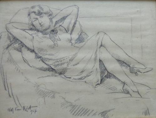 WILLEM VAN RIET / LIGGENDE VROUW / ORIGINEEL / 27x34cm / KAD, Antiquités & Art, Art | Peinture | Classique, Enlèvement ou Envoi