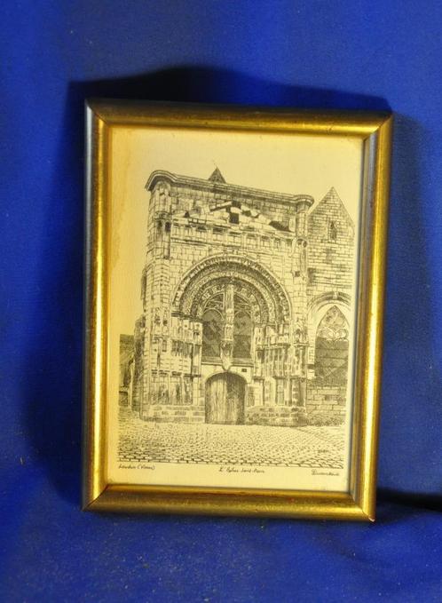 cadre gravure eglise saint pierre loudun vienne, Antiek en Kunst, Kunst | Etsen en Gravures, Ophalen of Verzenden