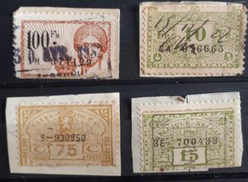 BELGIË : 4 FISCALE ZEGELS 75 cent /10/15 en 100 frank beschikbaar voor biedingen
