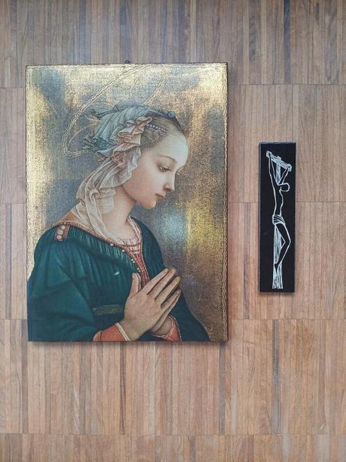 Houten icoon + tegeltje, Antiek en Kunst, Antiek | Religieuze voorwerpen, Ophalen of Verzenden