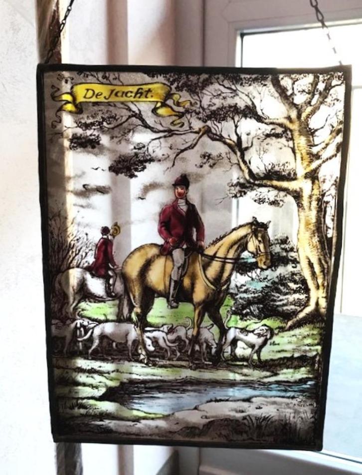 Glasschilderij Glas in lood Jacht Paard Ruiter antiek😍💑🤗, Antiek en Kunst, Antiek | Glaswerk en Kristal, Ophalen of Verzenden