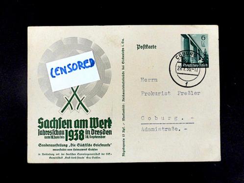 Entier postal Empire allemand 1938/Sachsen am Werk, Timbres & Monnaies, Timbres | Europe | Allemagne, Empire allemand, Enlèvement ou Envoi